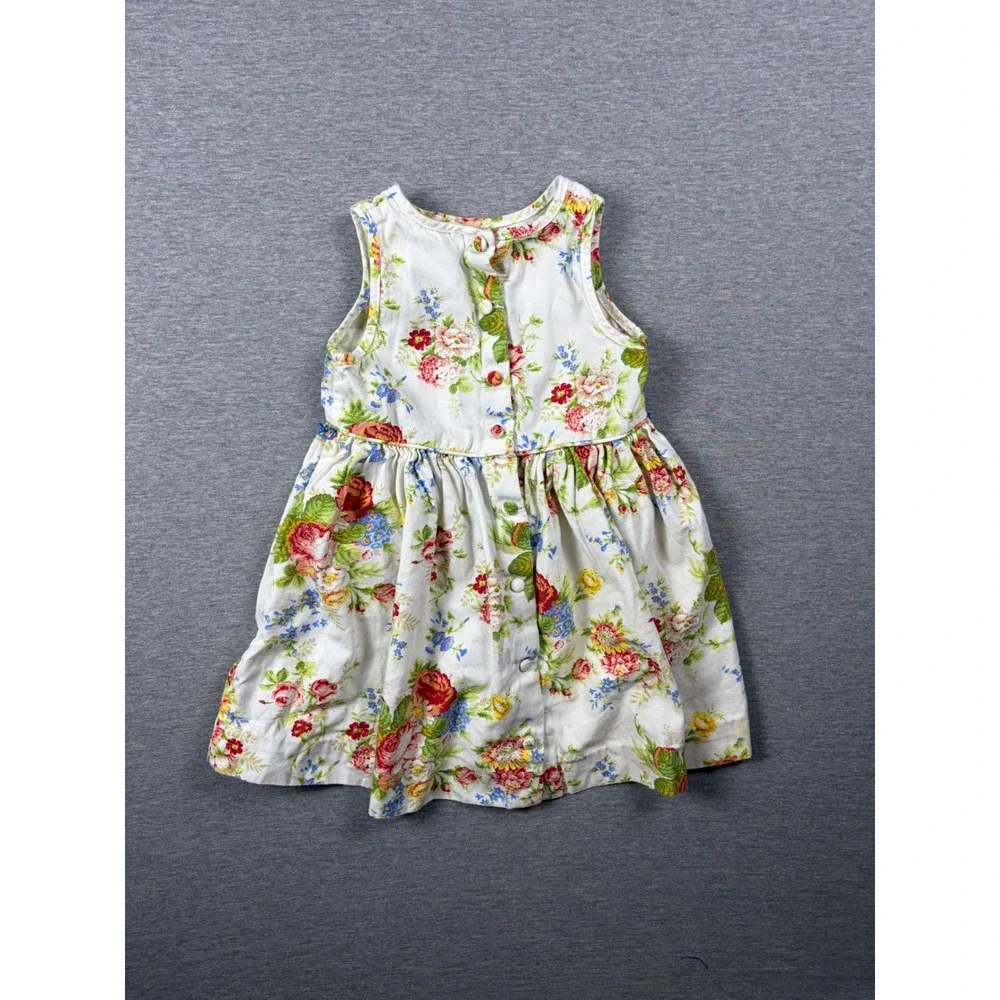 Ralph Lauren Dress Girls 24M White Floral Print Sleeveless Cotton Button Back
